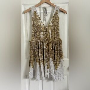 Free People Earthy Boho Rayon Flowy Mini Dress Green Yellow Size Medium
